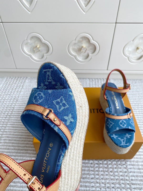 LV Blue Denim Monogram Wedge Sandals 7.5cm Blue Sheepskin Lining 291579