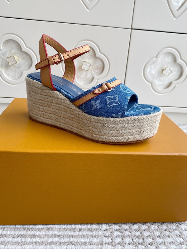LV Blue Denim Monogram Wedge Sandals 7.5cm Blue Sheepskin Lining 291579