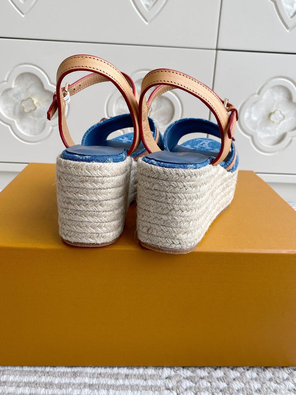 LV Blue Denim Monogram Wedge Sandals 7.5cm Blue Sheepskin Lining 291579
