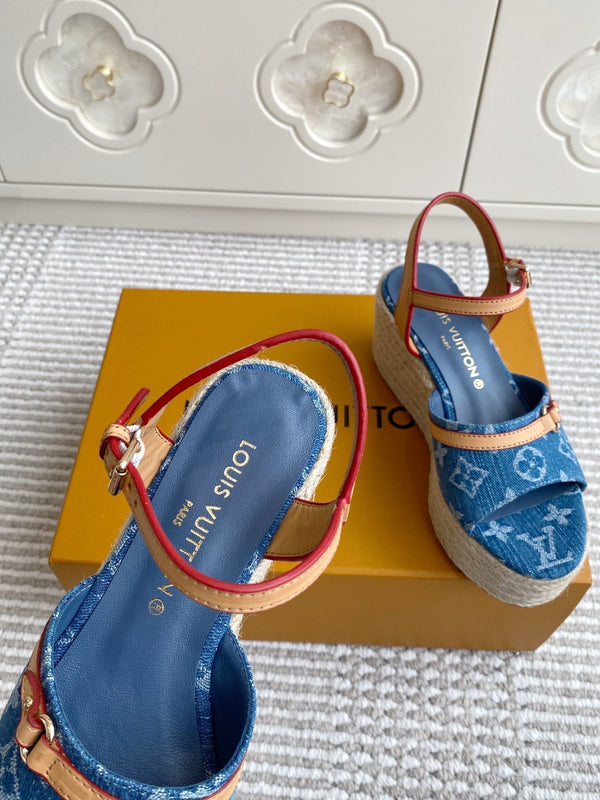LV Blue Denim Monogram Wedge Sandals 7.5cm Blue Sheepskin Lining 291579