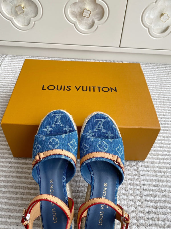 LV Blue Denim Monogram Wedge Sandals 7.5cm Blue Sheepskin Lining 291579