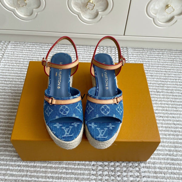 LV Blue Denim Monogram Wedge Sandals 7.5cm Blue Sheepskin Lining 291579