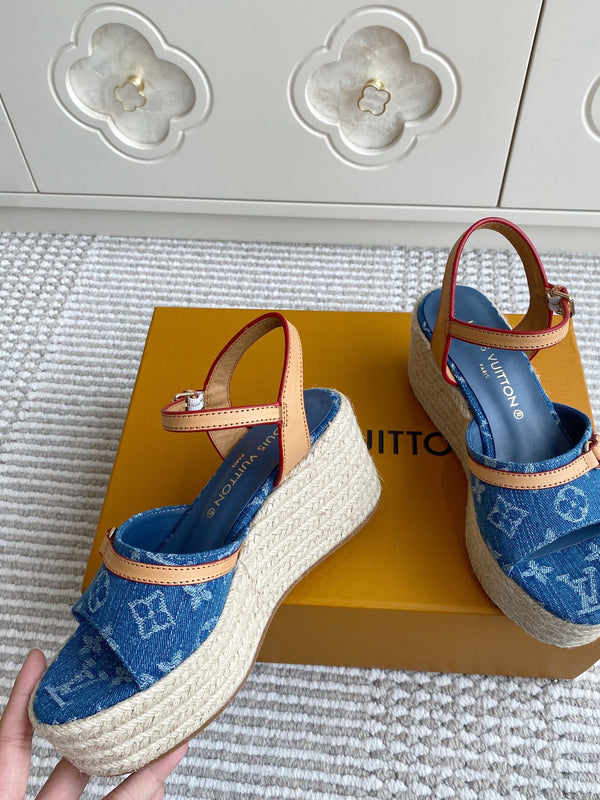 LV Blue Denim Monogram Wedge Sandals 7.5cm Blue Sheepskin Lining 291579