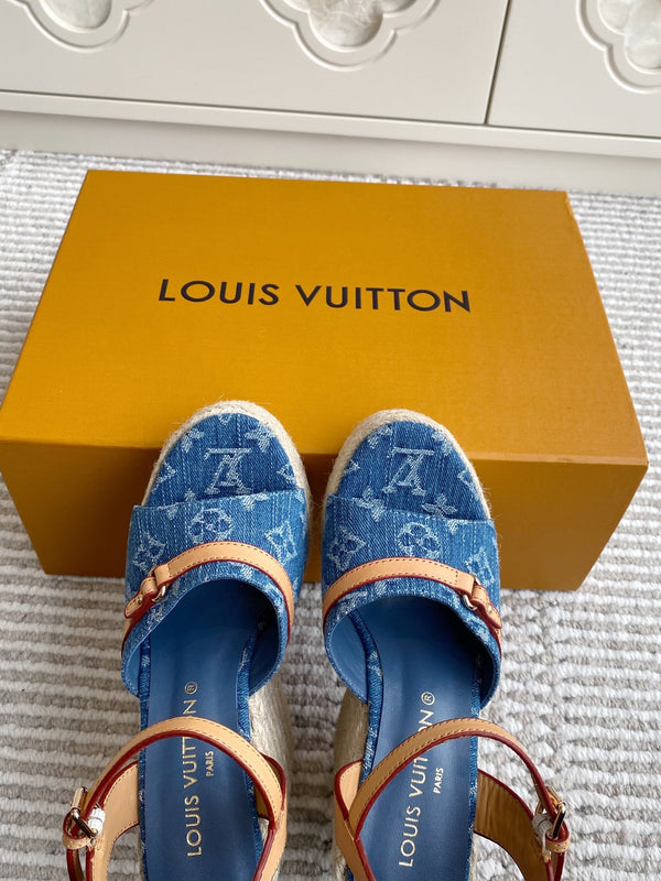LV Blue Denim Monogram Wedge Sandals 11.5cm Blue Sheepskin Lining 291580