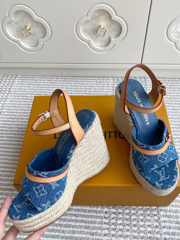 LV Blue Denim Monogram Wedge Sandals 11.5cm Blue Sheepskin Lining 291580