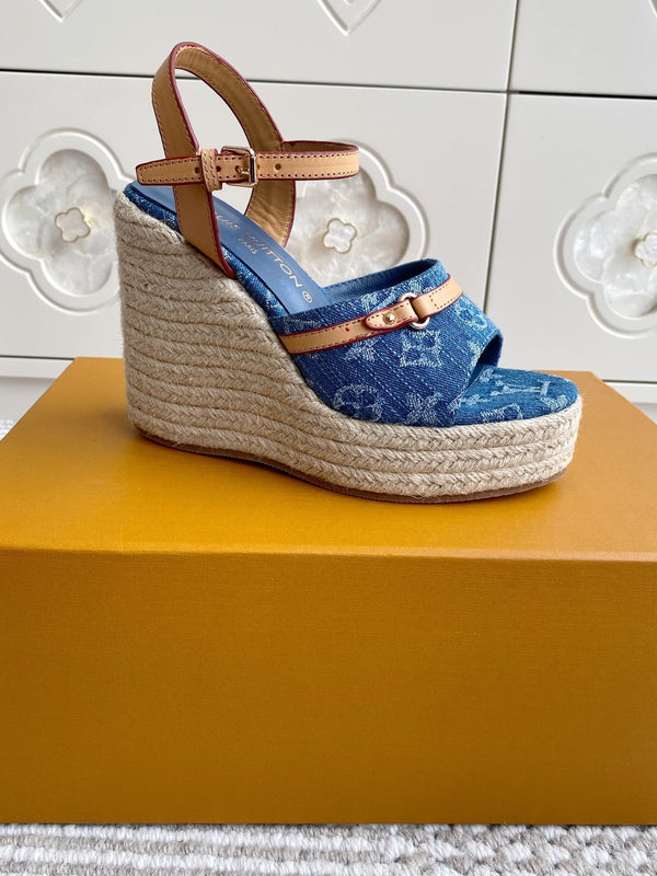LV Blue Denim Monogram Wedge Sandals 11.5cm Blue Sheepskin Lining 291580