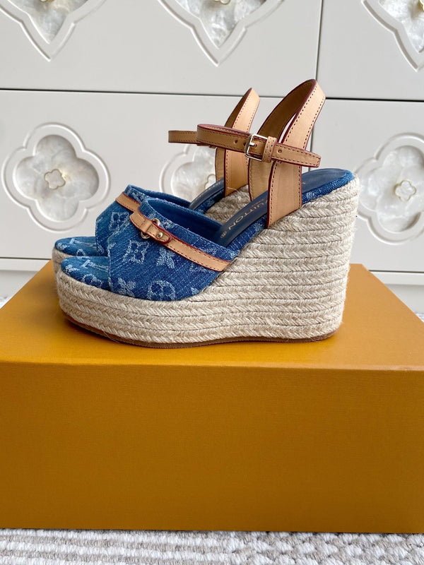 LV Blue Denim Monogram Wedge Sandals 11.5cm Blue Sheepskin Lining 291580