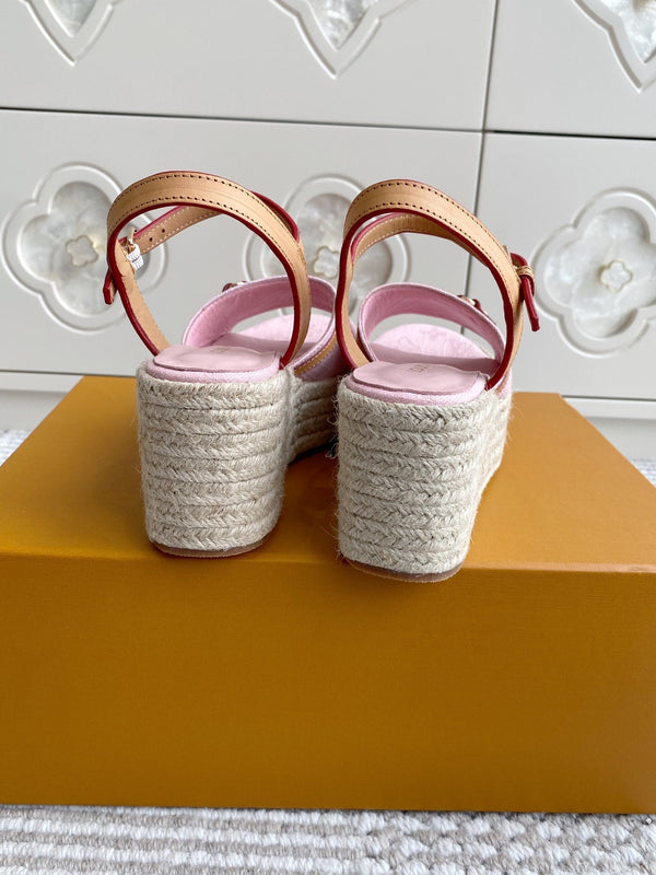 LV Pink Denim Wedge Sandals 7.5cm Pink Sheepskin Lining 291581