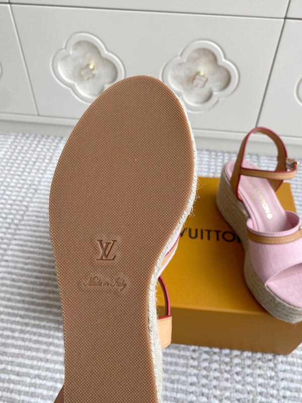 LV Pink Denim Wedge Sandals 7.5cm Pink Sheepskin Lining 291581
