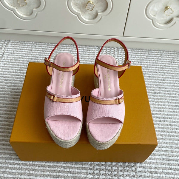 LV Pink Denim Wedge Sandals 7.5cm Pink Sheepskin Lining 291581