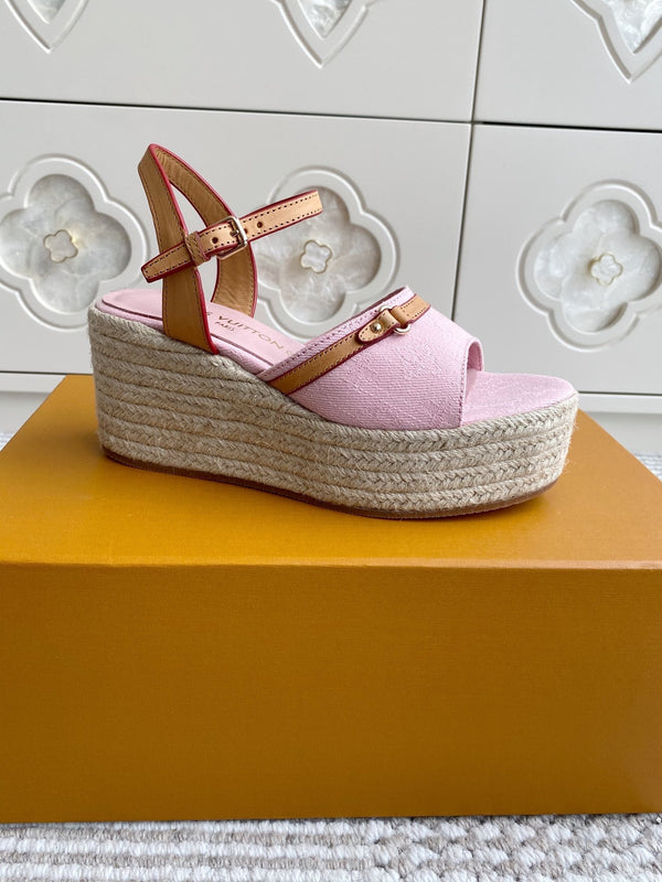 LV Pink Denim Wedge Sandals 7.5cm Pink Sheepskin Lining 291581