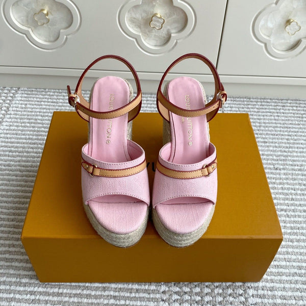 LV Pink Denim Wedge Sandals 11.5cm Pink Sheepskin Lining 291582