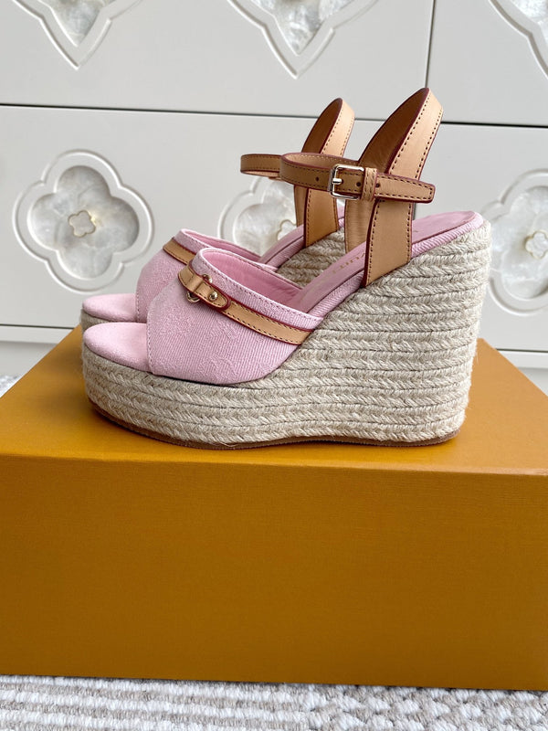 LV Pink Denim Wedge Sandals 11.5cm Pink Sheepskin Lining 291582