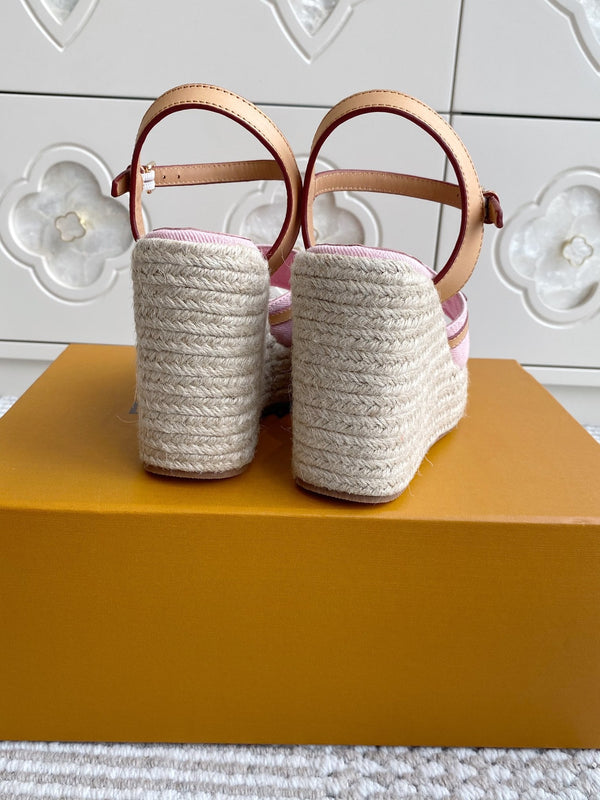 LV Pink Denim Wedge Sandals 11.5cm Pink Sheepskin Lining 291582
