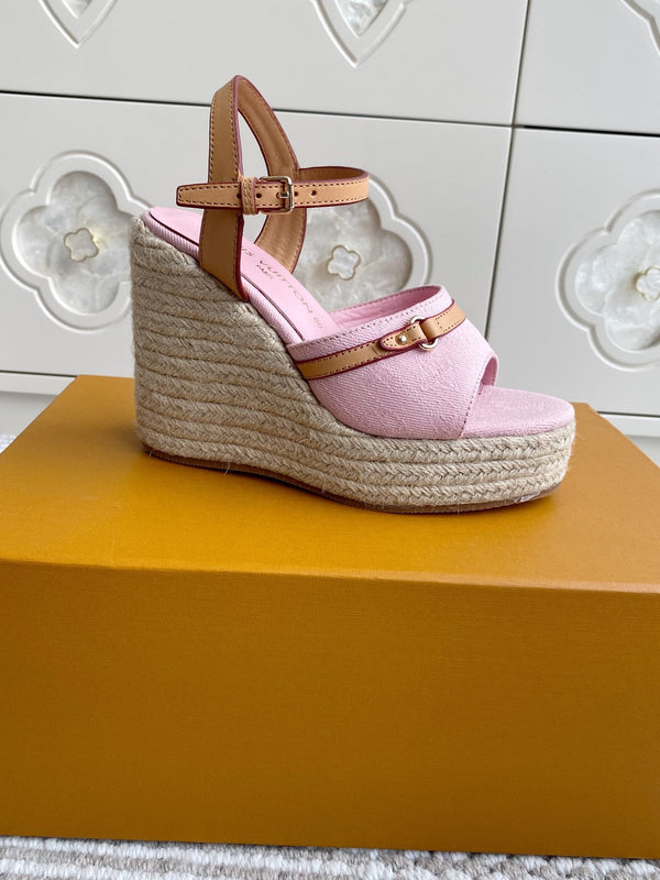 LV Pink Denim Wedge Sandals 11.5cm Pink Sheepskin Lining 291582