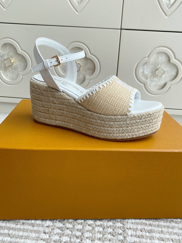 LV Beige·Raffia Straw Wedge Sandals 7.5cm White Lining Leather 291583