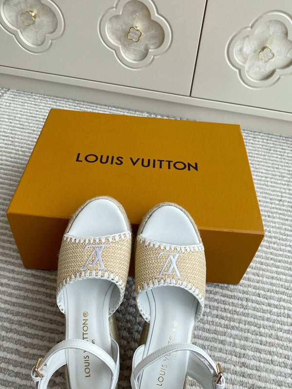 LV Beige·Raffia Straw Wedge Sandals 7.5cm White Lining Leather 291583