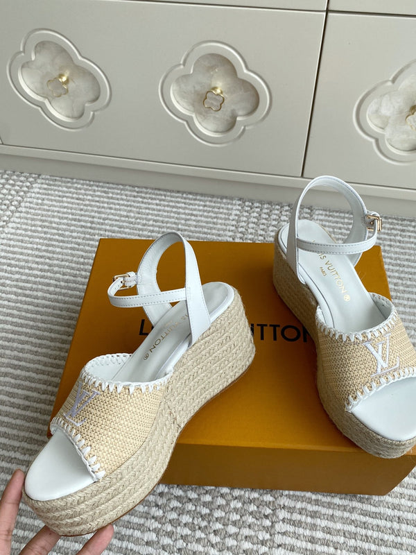 LV Beige·Raffia Straw Wedge Sandals 7.5cm White Lining Leather 291583