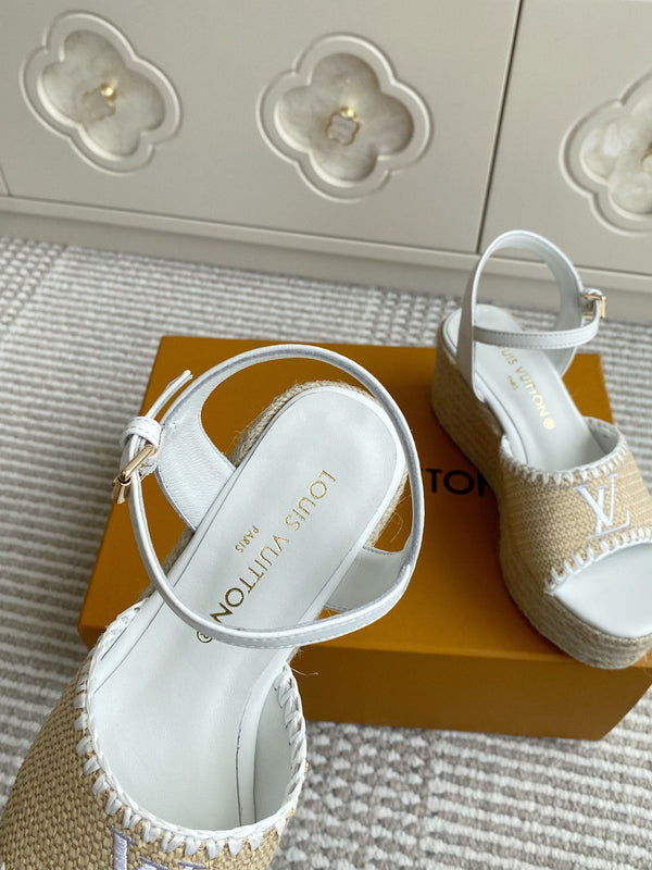 LV Beige·Raffia Straw Wedge Sandals 7.5cm White Lining Leather 291583