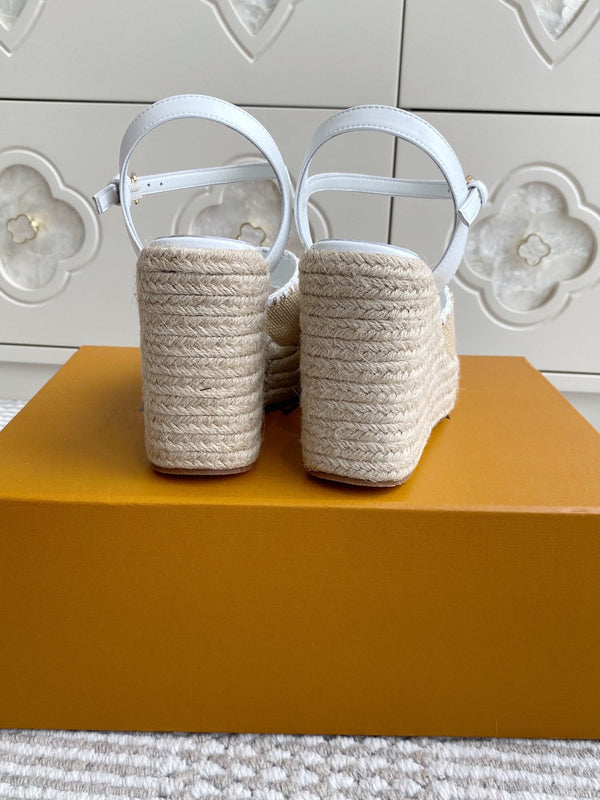 LV Beige·Raffia Straw Wedge Sandals 11.5cm White Lining Leather 291584