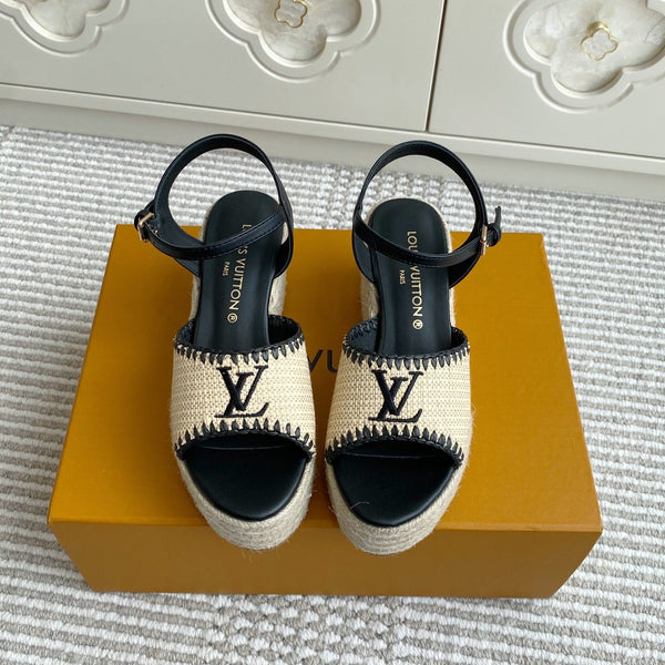 LV Beige·Raffia Straw Wedge Sandals 7.5cm Black Lining Leather 291585