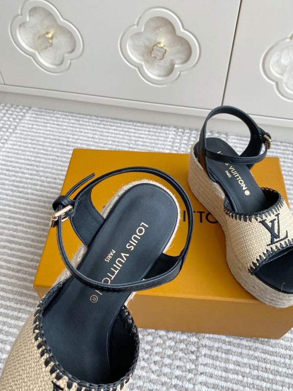LV Beige·Raffia Straw Wedge Sandals 7.5cm Black Lining Leather 291585