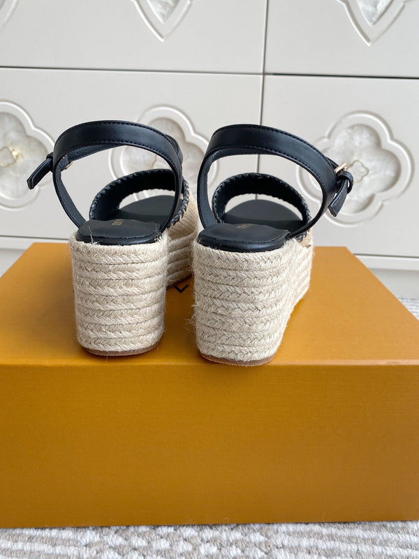 LV Beige·Raffia Straw Wedge Sandals 7.5cm Black Lining Leather 291585