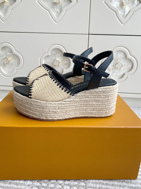 LV Beige·Raffia Straw Wedge Sandals 7.5cm Black Lining Leather 291585