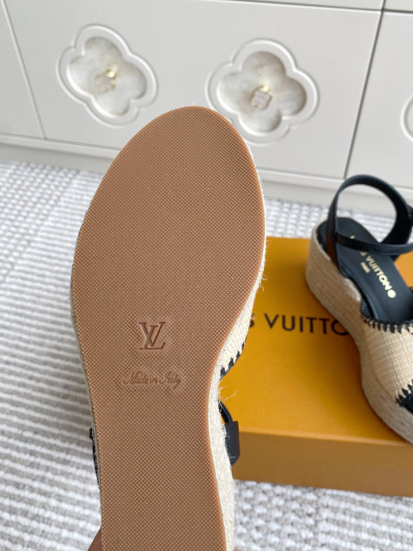 LV Beige·Raffia Straw Wedge Sandals 7.5cm Black Lining Leather 291585