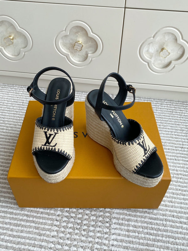 LV Beige·Raffia Straw Wedge Sandals 11.5cm Black Lining Leather 291586