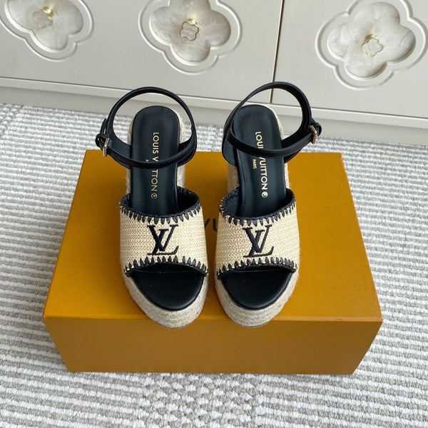 LV Beige·Raffia Straw Wedge Sandals 11.5cm Black Lining Leather 291586