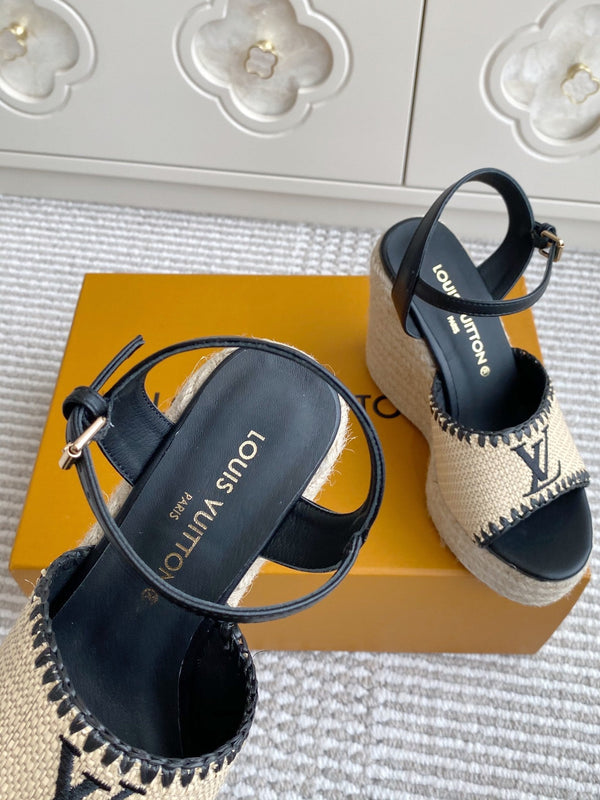 LV Beige·Raffia Straw Wedge Sandals 11.5cm Black Lining Leather 291586