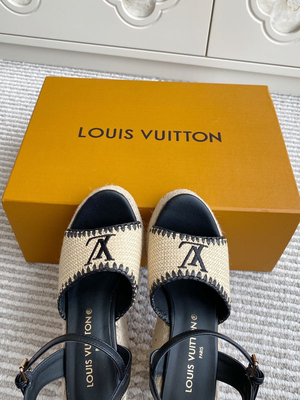 LV Beige·Raffia Straw Wedge Sandals 11.5cm Black Lining Leather 291586