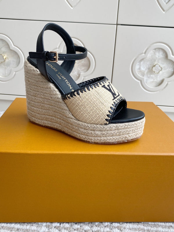 LV Beige·Raffia Straw Wedge Sandals 11.5cm Black Lining Leather 291586