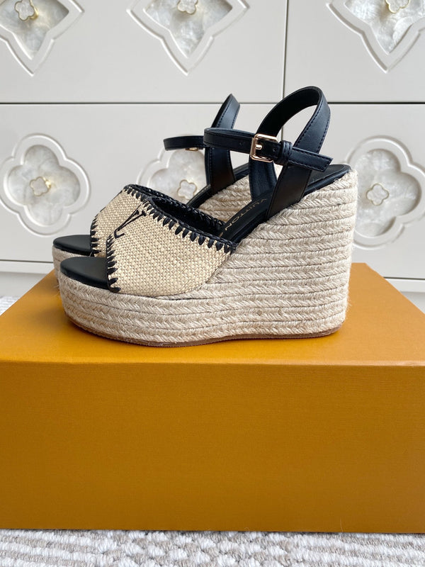 LV Beige·Raffia Straw Wedge Sandals 11.5cm Black Lining Leather 291586
