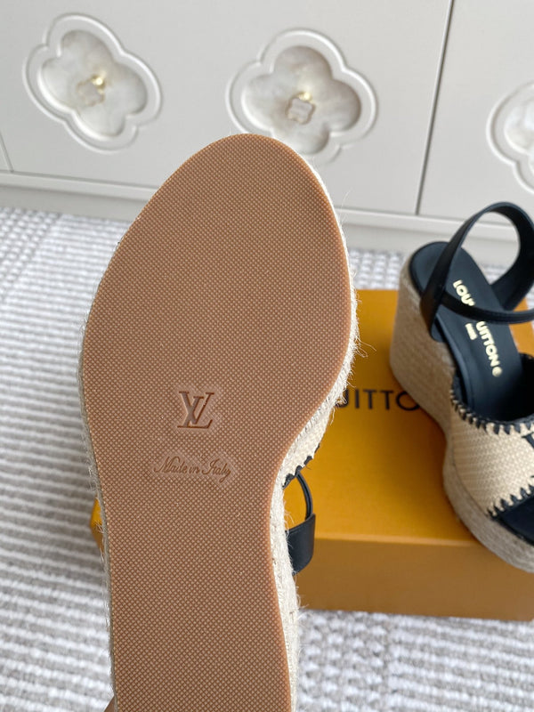 LV Beige·Raffia Straw Wedge Sandals 11.5cm Black Lining Leather 291586