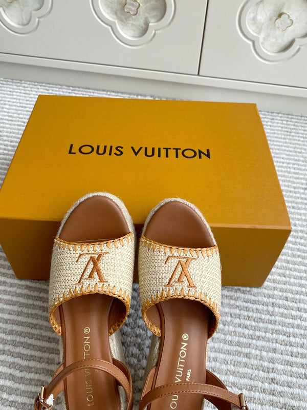 LV Beige·Raffia Straw Wedge Sandals 7.5cm Gold Lining Leather 291587