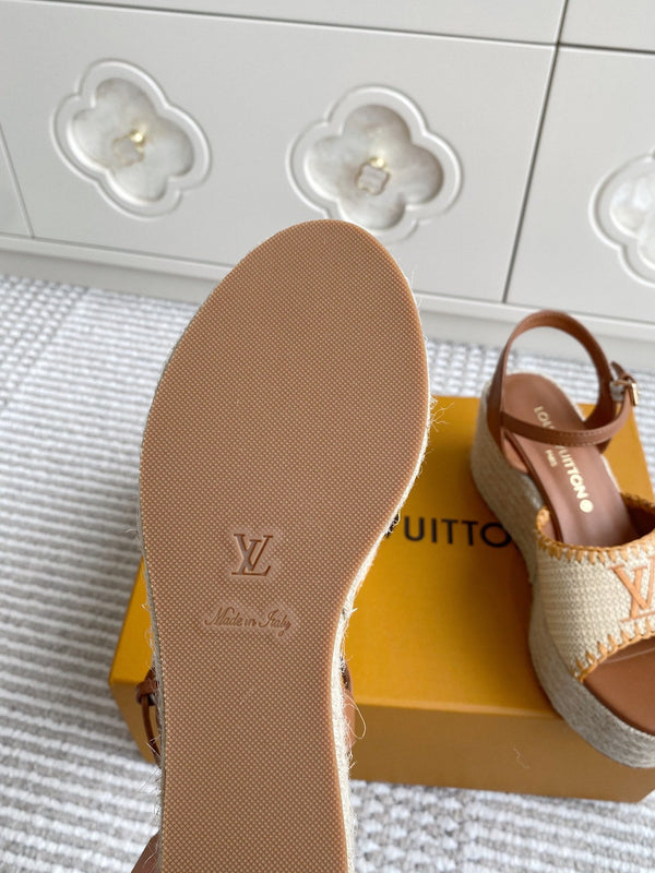 LV Beige·Raffia Straw Wedge Sandals 7.5cm Gold Lining Leather 291587
