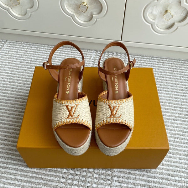 LV Beige·Raffia Straw Wedge Sandals 7.5cm Gold Lining Leather 291587