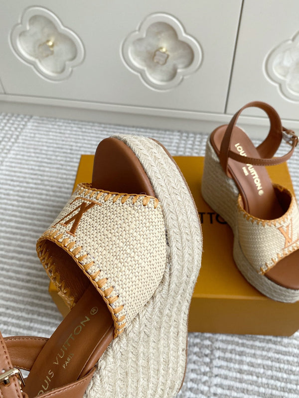 LV Beige·Raffia Straw Wedge Sandals 11.5cm Gold Lining Leather 291588