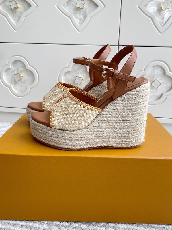 LV Beige·Raffia Straw Wedge Sandals 11.5cm Gold Lining Leather 291588