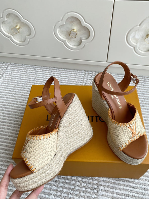 LV Beige·Raffia Straw Wedge Sandals 11.5cm Gold Lining Leather 291588