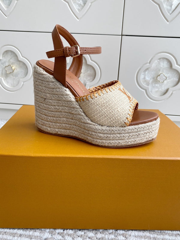 LV Beige·Raffia Straw Wedge Sandals 11.5cm Gold Lining Leather 291588