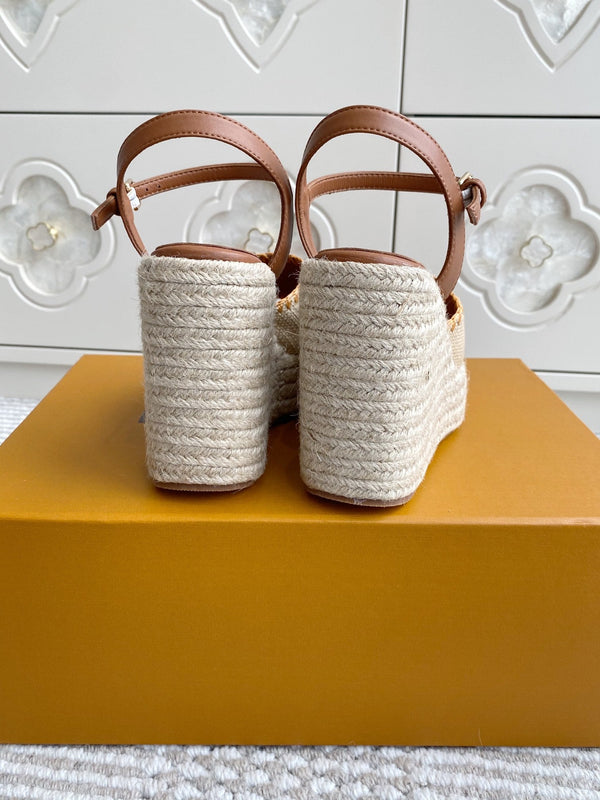 LV Beige·Raffia Straw Wedge Sandals 11.5cm Gold Lining Leather 291588