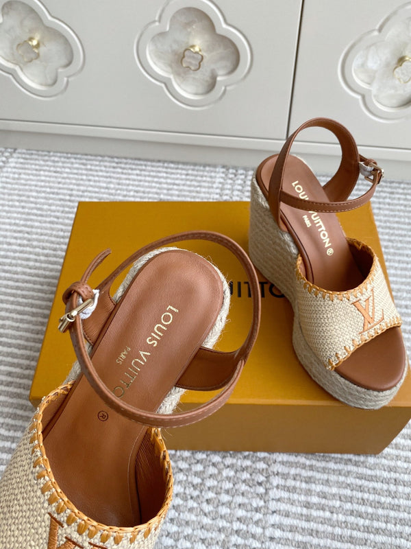 LV Beige·Raffia Straw Wedge Sandals 11.5cm Gold Lining Leather 291588