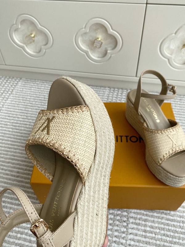 LV Beige·Raffia Straw Wedge Sandals 7.5cm Light Brown Lining Leather 291589