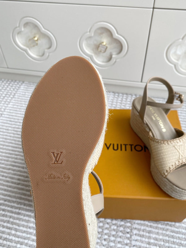 LV Beige·Raffia Straw Wedge Sandals 7.5cm Light Brown Lining Leather 291589