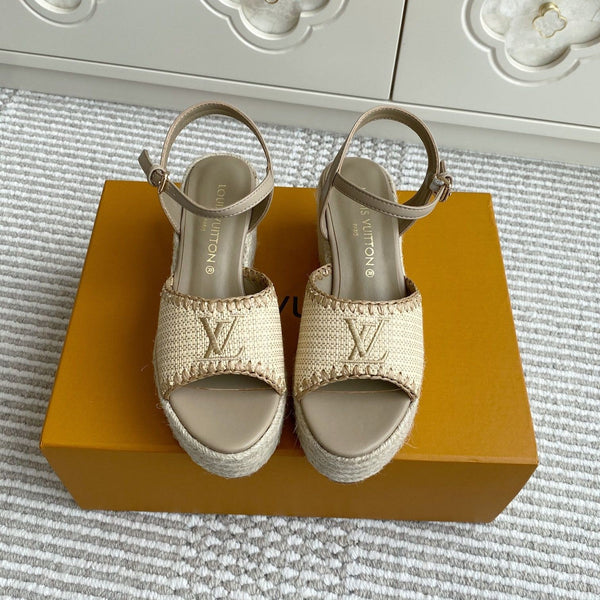 LV Beige·Raffia Straw Wedge Sandals 7.5cm Light Brown Lining Leather 291589