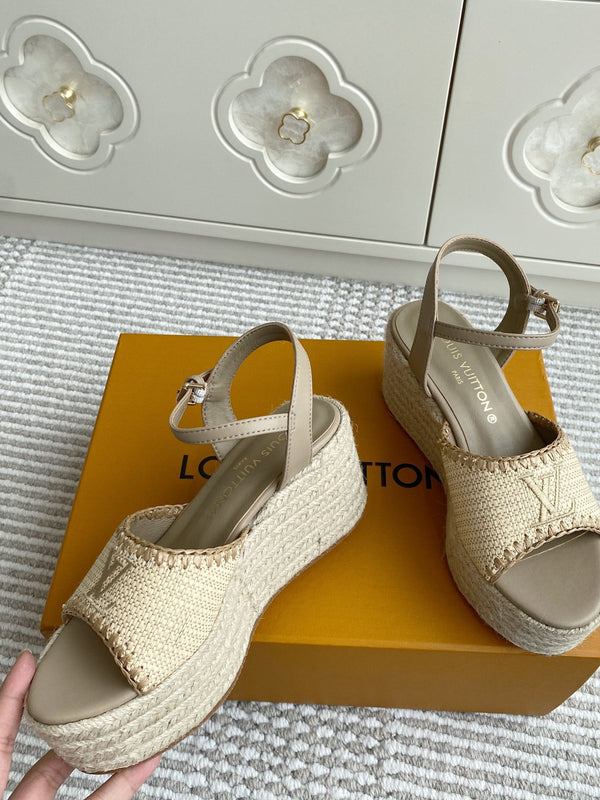 LV Beige·Raffia Straw Wedge Sandals 7.5cm Light Brown Lining Leather 291589