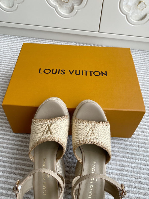 LV Beige·Raffia Straw Wedge Sandals 11.5cm Light Brown Lining Leather 291590